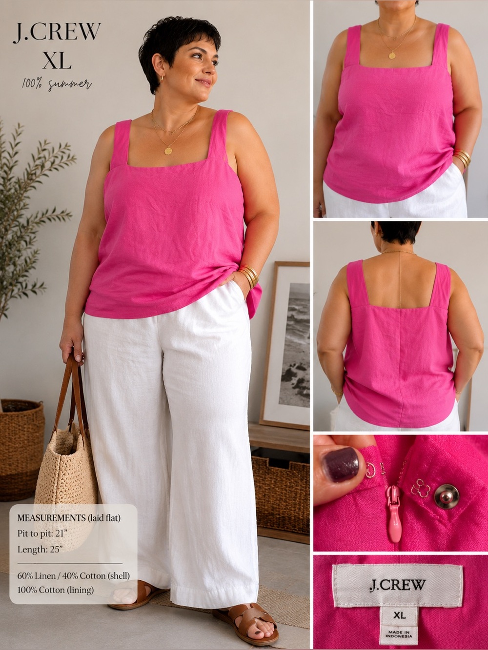 J.Crew XL Pink Linen Cotton Square Neck Tank Top Sleeveless Blouse
